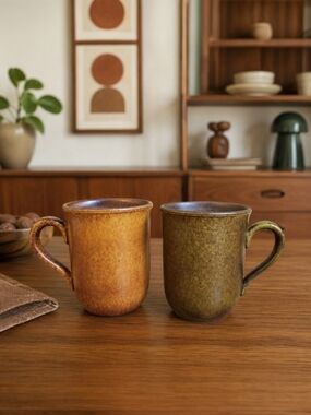 Vintage W. Germany Stoneware Coffee Tea Mug Set of 2 Brown Olive Rustic